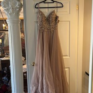 Mori Lee Satin Gown in Dusty Pink and Cream